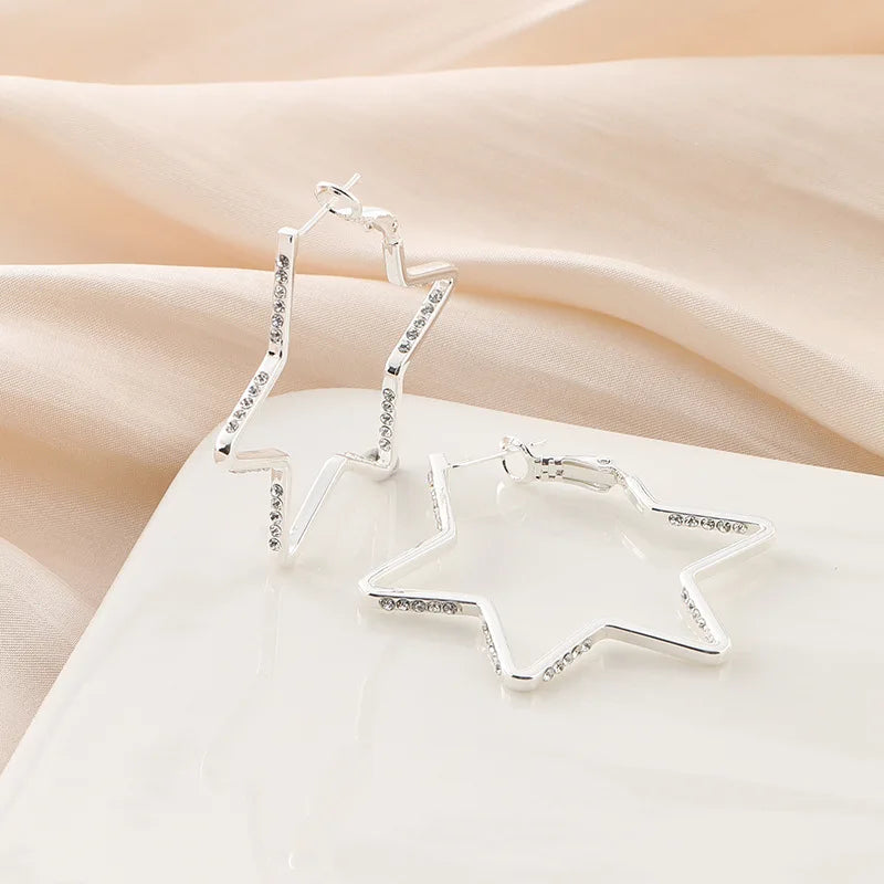 Elegant Silver Alloy Rhinestone Five Point Star Hoop Stud & Clip On No Piercing Fashion Earrings