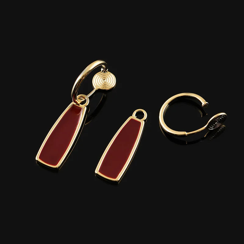 Elegant Red Enamel Geometric Bar Dangle Hoop Stud & Clip On No Piercing Gold Alloy Earrings