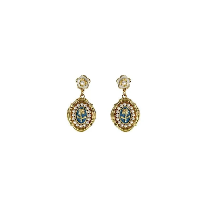 14K Gold Plated Copper Blue Flower Stud Earrings Retro Hong Kong Style Jewelry
