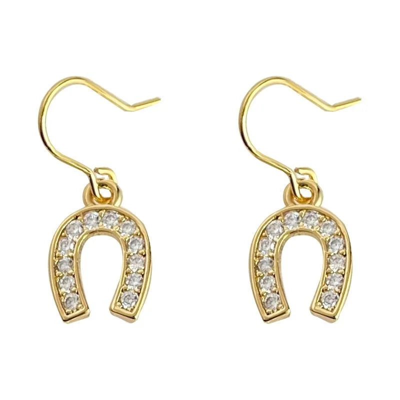 18K Gold Plated Copper U Shape Horseshoe Zircon Drop Earrings For Elegant Commuter Style