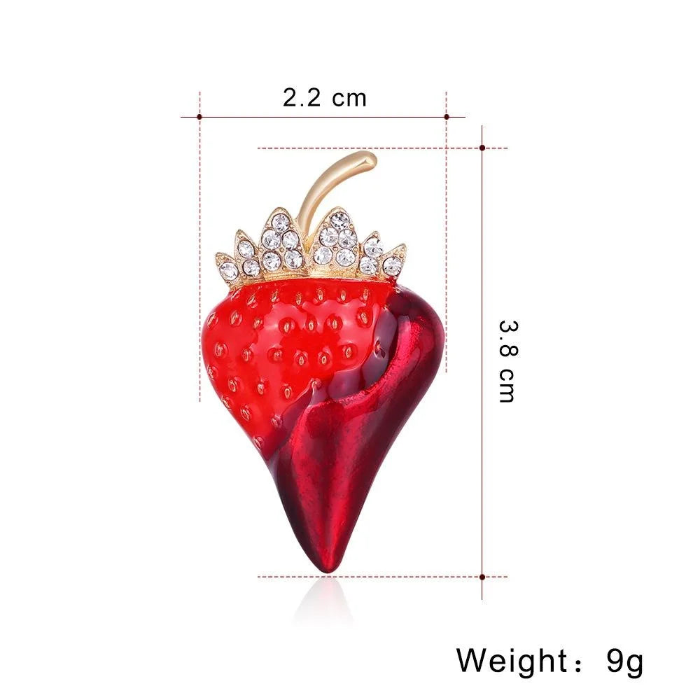 Cute Enamel Strawberry Brooch With Rhinestone Crown, Alloy Fruit Lapel Pin Scarf Buckle Gift For Women