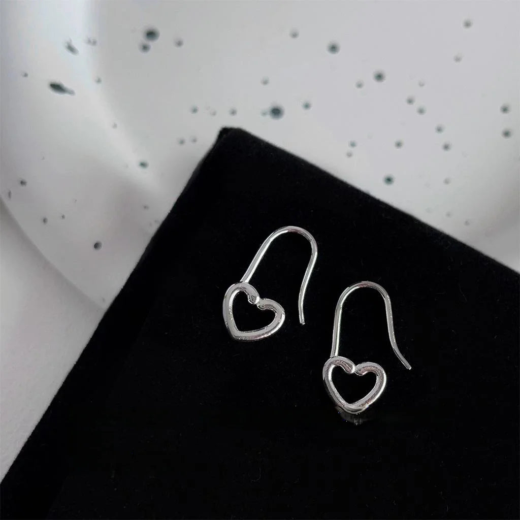 Minimalist Silver Tone Copper Hollow Heart Drop Earrings For Women, Commuter Versatile Jewelry
