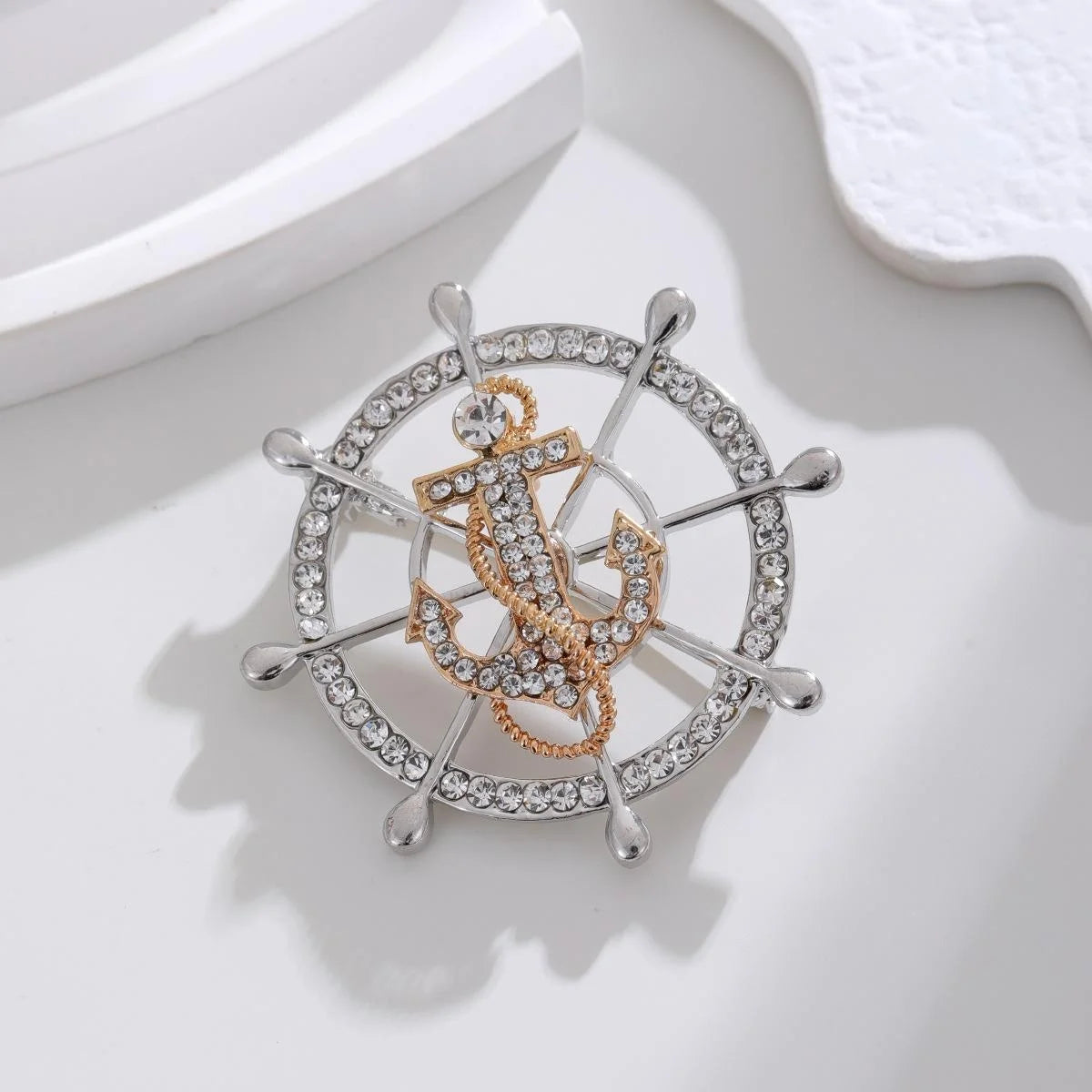 Luxury Rhinestone Alloy Ship Wheel Anchor Brooch, Nautical Lapel Pin Corsage Suit Accessory Gift