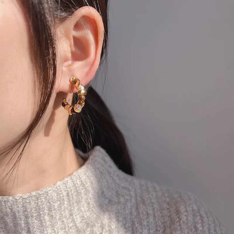 Vintage Tiger Eye Stone Pearl Spiral Hoop Stud & Clip On No Piercing Luxury Alloy Fashion Earrings