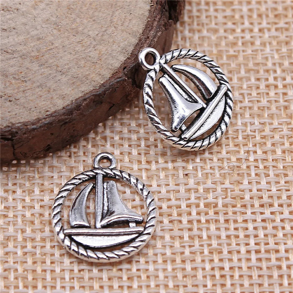18x16mm 1.4g Antique Silver Zinc Alloy Sailboat Round Charm Pendant for DIY Bracelet Necklace Making