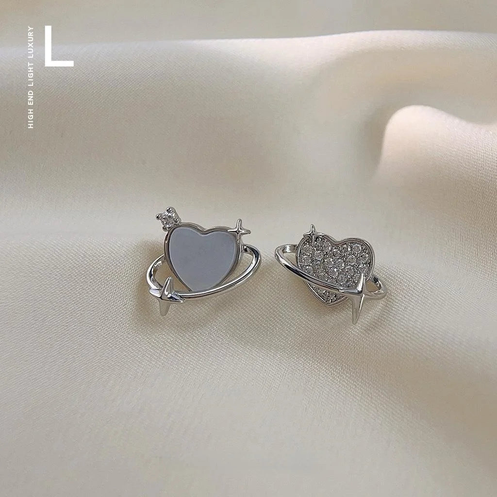 Sweet Cool Asymmetric Heart Planet Micro Pave Zircon Stud Earrings