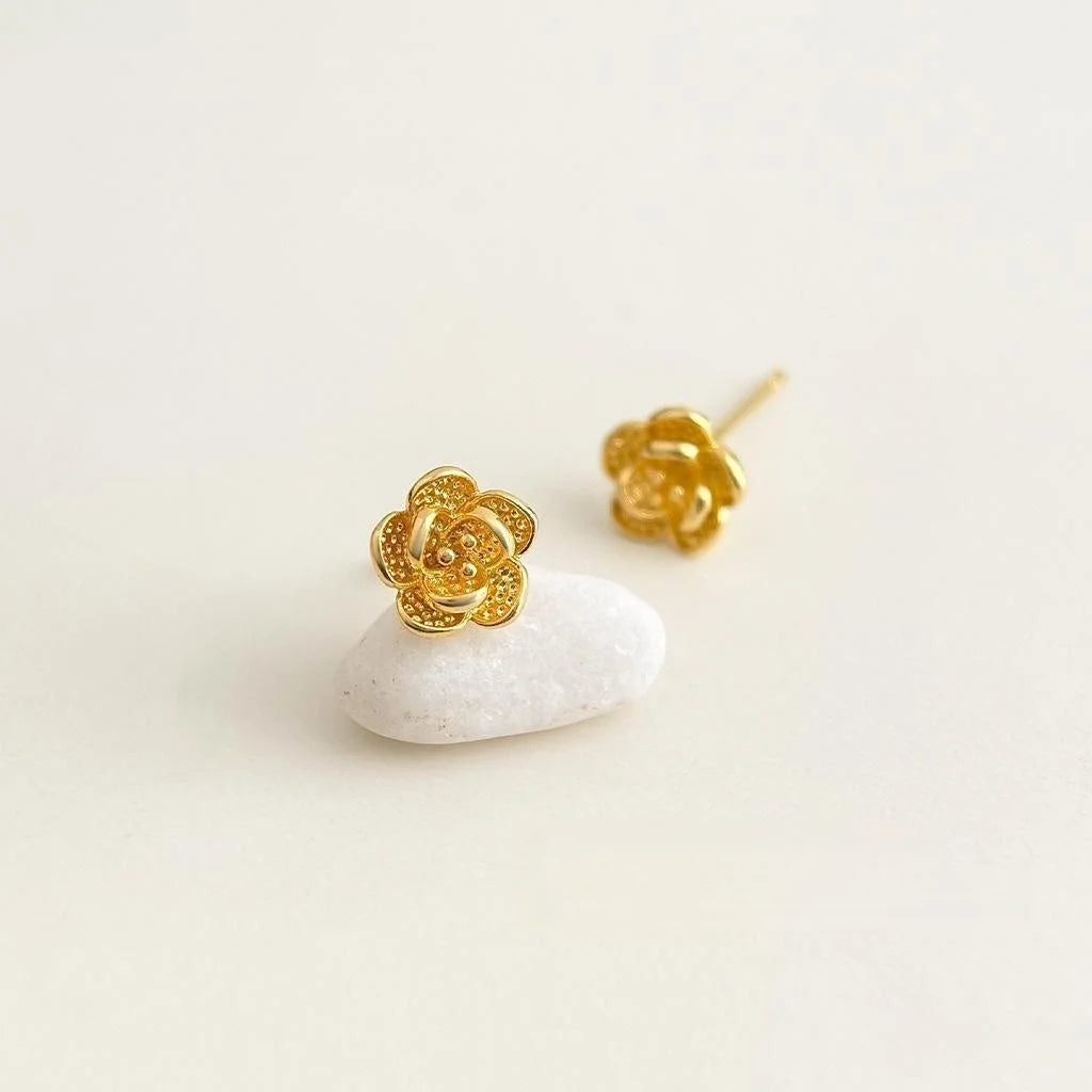 14K Gold Plated Copper 3D Rose Flower Stud Earrings Sweet Minimalist Daily Wear Jewelry