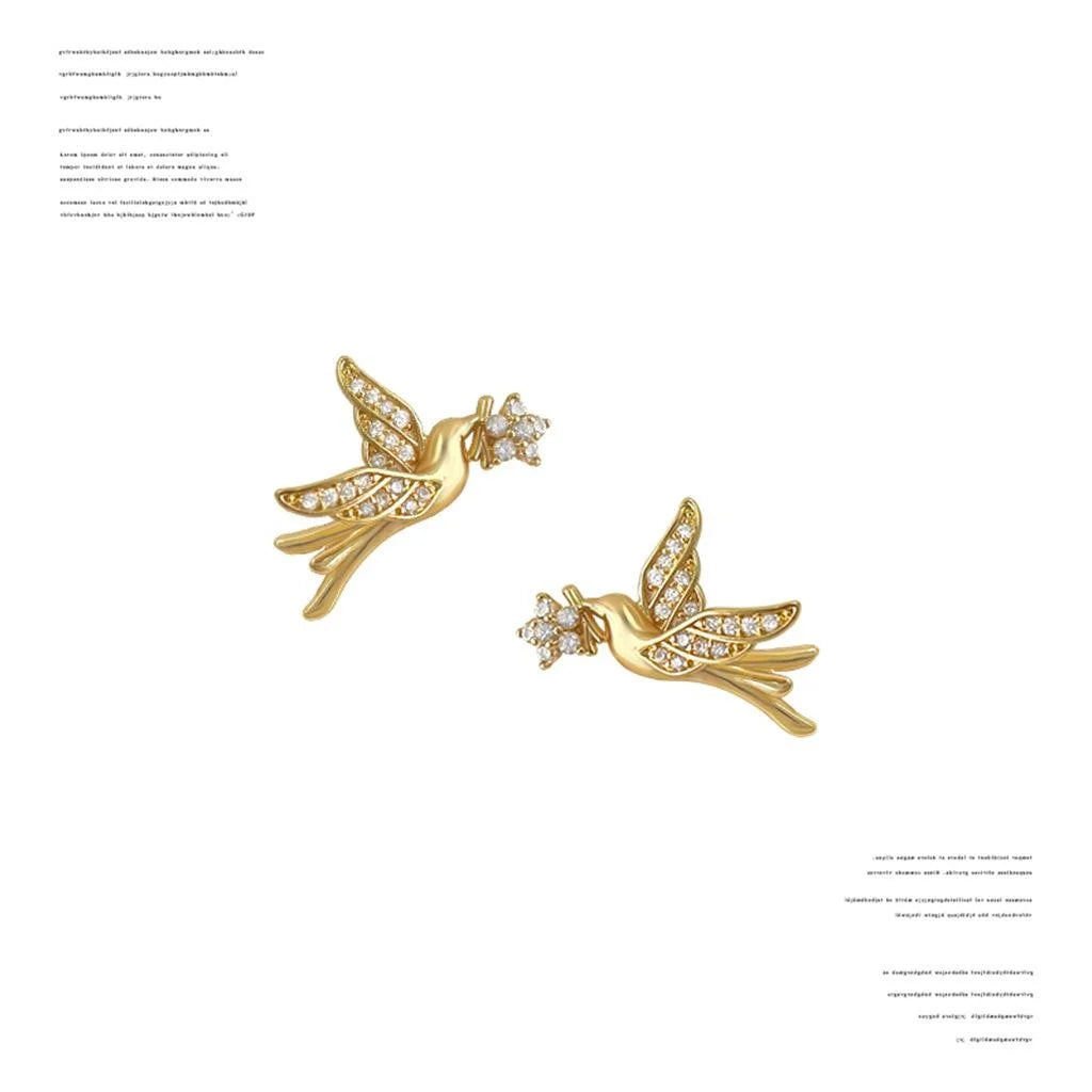 Original Design Micro Pave Zircon Bird Stud Earrings, Copper Luxury Fashion Niche Jewelry