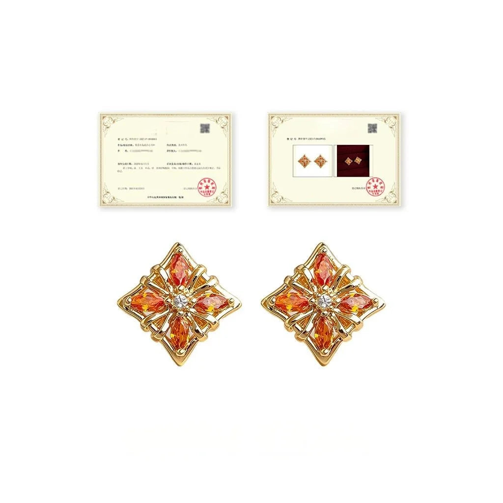 Premium Orange Red Micro Pave Zircon Flower Petal Copper Stud Earrings