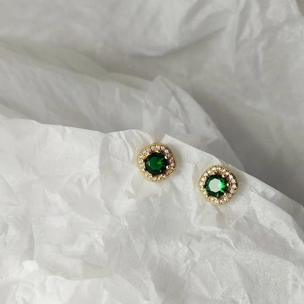 French Vintage 14K Plated Copper Square Emerald Zircon Micro Pave Stud Earrings