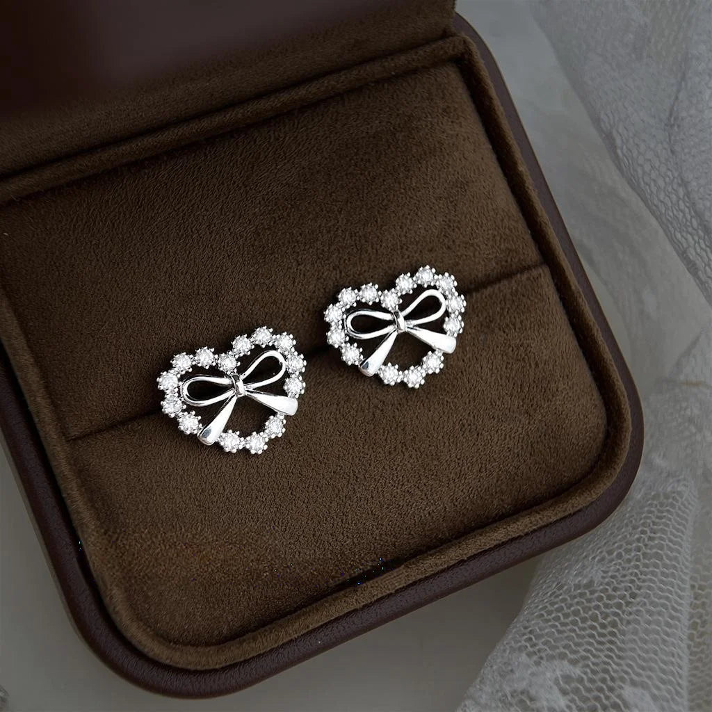 Sweet Bow Heart Zircon Copper Stud Earrings, Hollow Micro Pave Elegant Jewelry For Women