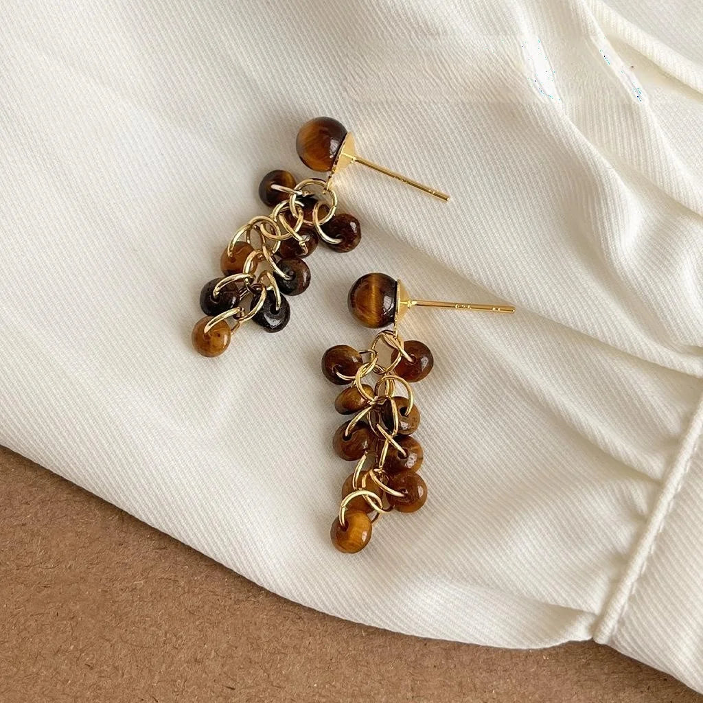 14K Gold Plated Tiger Eye Natural Stone Tassel Drop Earrings Maillard Vintage Designer Jewelry