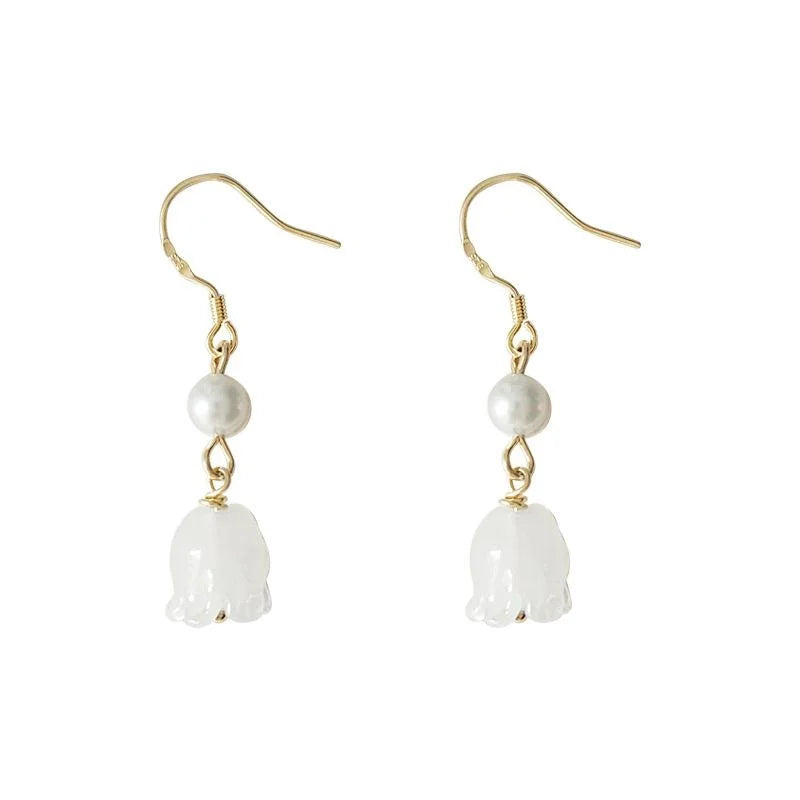 Silver Plated Glass Tulip Flower Drop Earrings Handmade Long Fresh Forest Style Jewelry