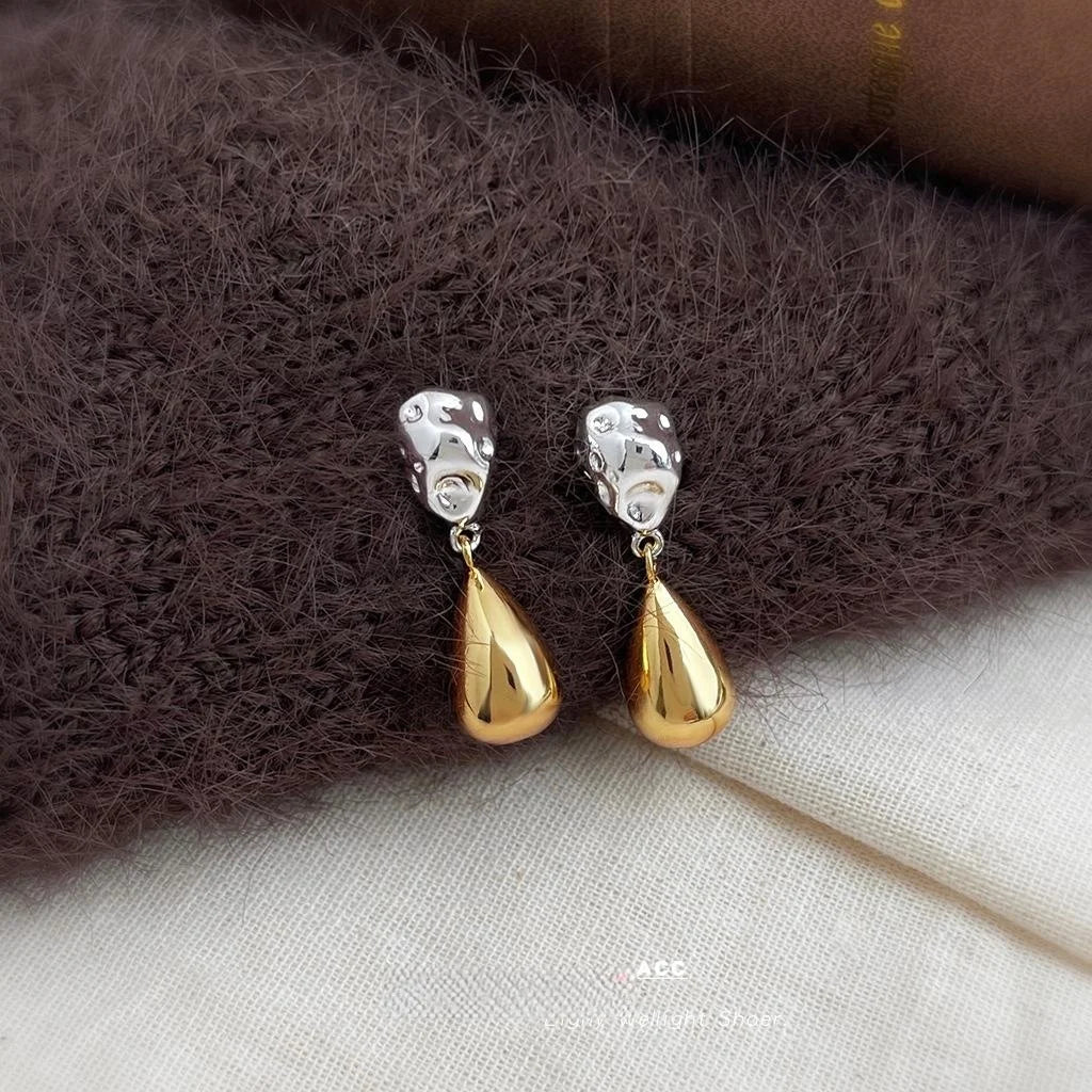 Old Money Two Tone Geometric Teardrop Drop Earrings Textured Copper