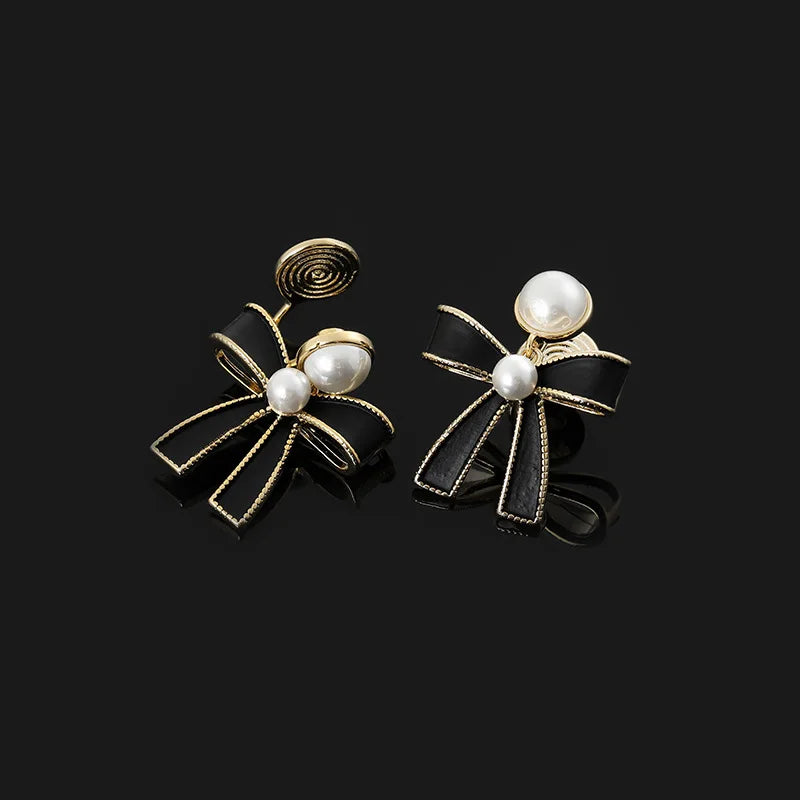 Vintage Black Ribbon Bow Faux Pearl Gold Tone Alloy Stud & Clip On No Piercing Statement Drop Earrings