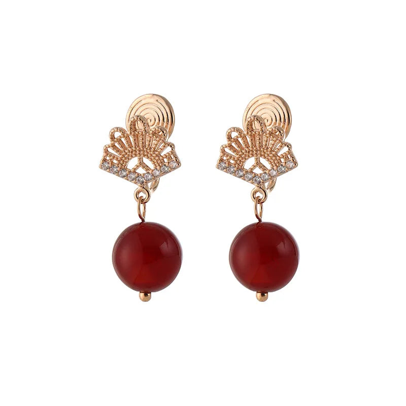 Vintage Chinese Fan Zircon Alloy Red Agate Drop Stud & Clip On No Piercing Women New Year Earrings