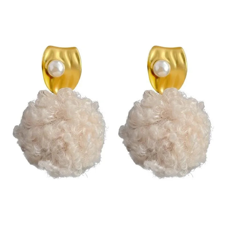 Sweet Plush Pom Pom Bow Drop Earrings For Women, Handmade Winter Commuter Jewelry