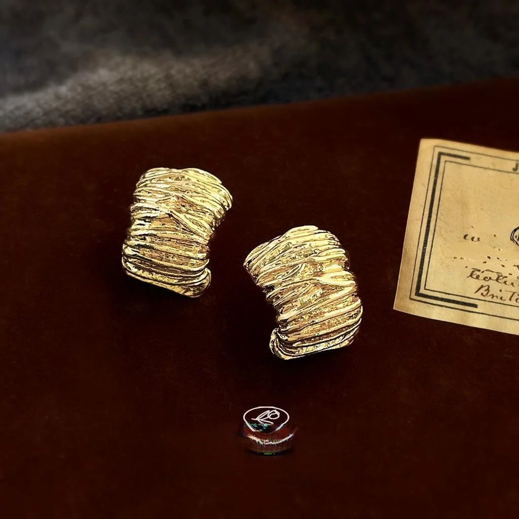 French Vintage 14K Electroplated Copper Irregular Geometric Ring Stud Earrings