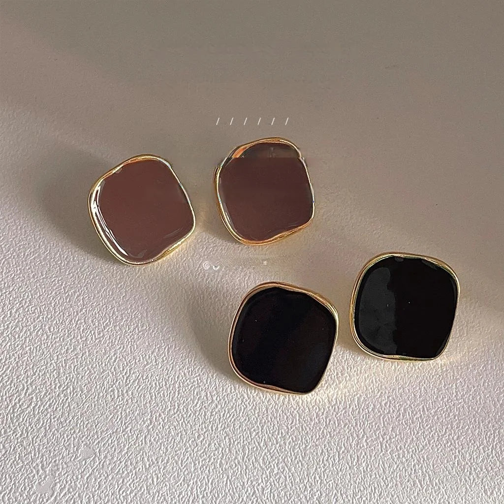 Premium 14K Plated Alloy Geometric Square Black Enamel Stud Earrings