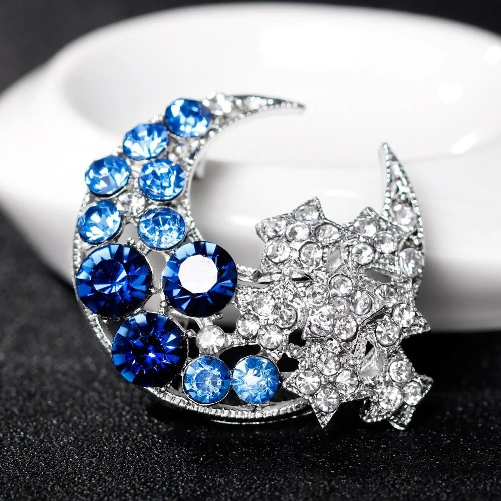 Elegant Blue Rhinestone Crescent Moon Star Alloy Brooch For Women, Sparkling Lapel Pin Corsage Gift