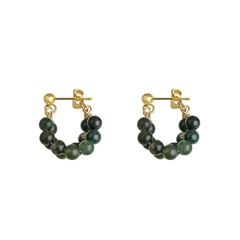 Forest Green Agate Drop Earrings New Chinese Style U Shape Geometric Round Hoop Jewelry