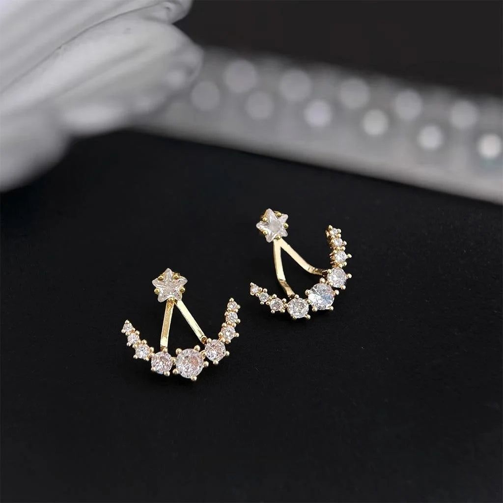 Micro Pave Zircon Star Moon Stud Earrings Eco Copper Two Way Fashion OL Silver Plated Pin