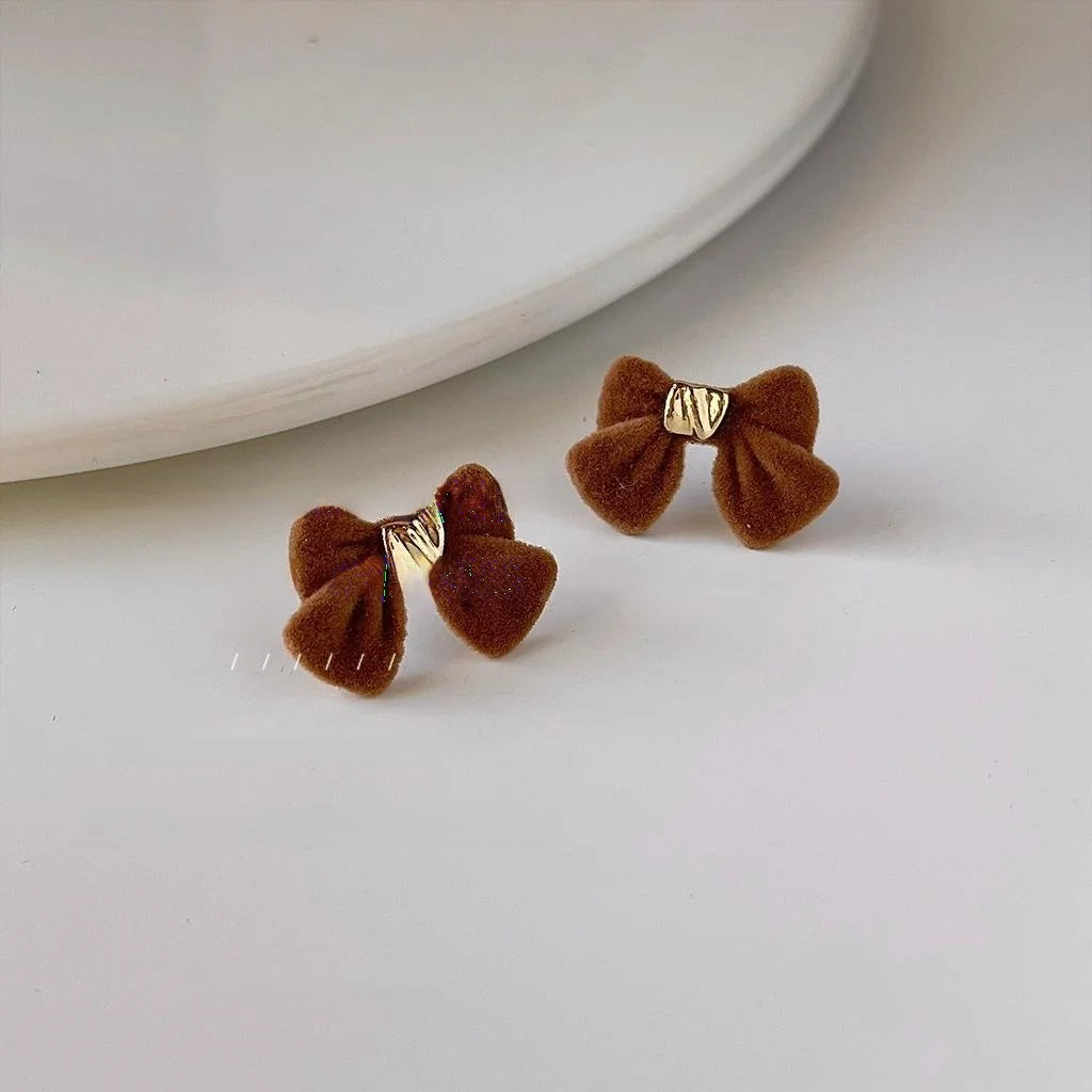 Winter Flocked Bow Stud Earrings Korean Japanese Sweet Cute Silver Plated Metal Jewelry