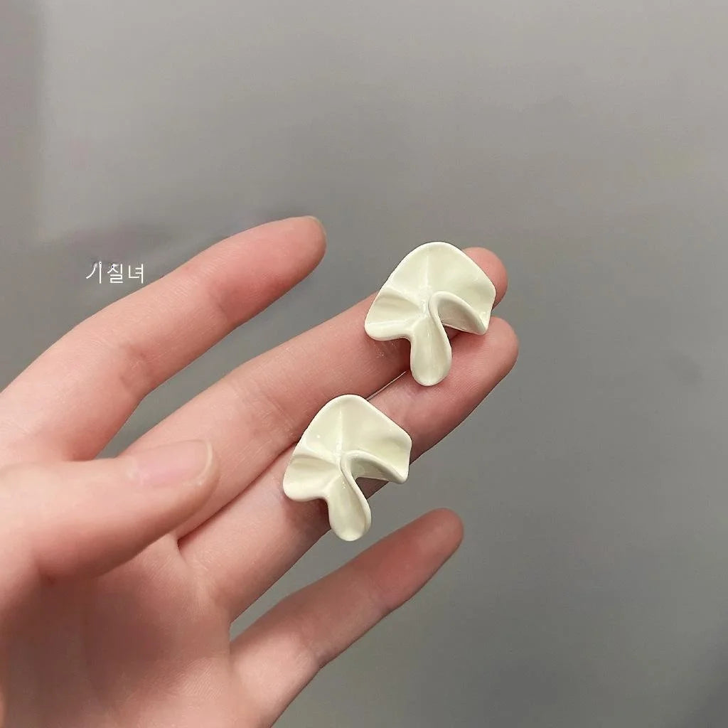 Milky White Metal Stud Earrings With Silver Plated Pins, Enamel Irregular Geometric Pleated Design