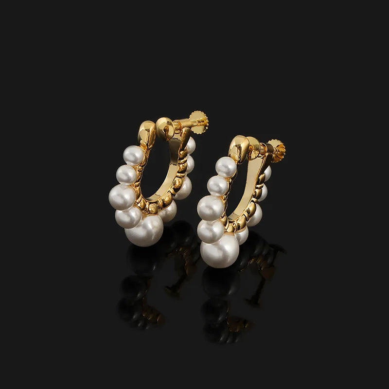 Elegant Gold Alloy Faux Pearl Hoop Stud & Clip On No Piercing Commuter Round Circle Earrings