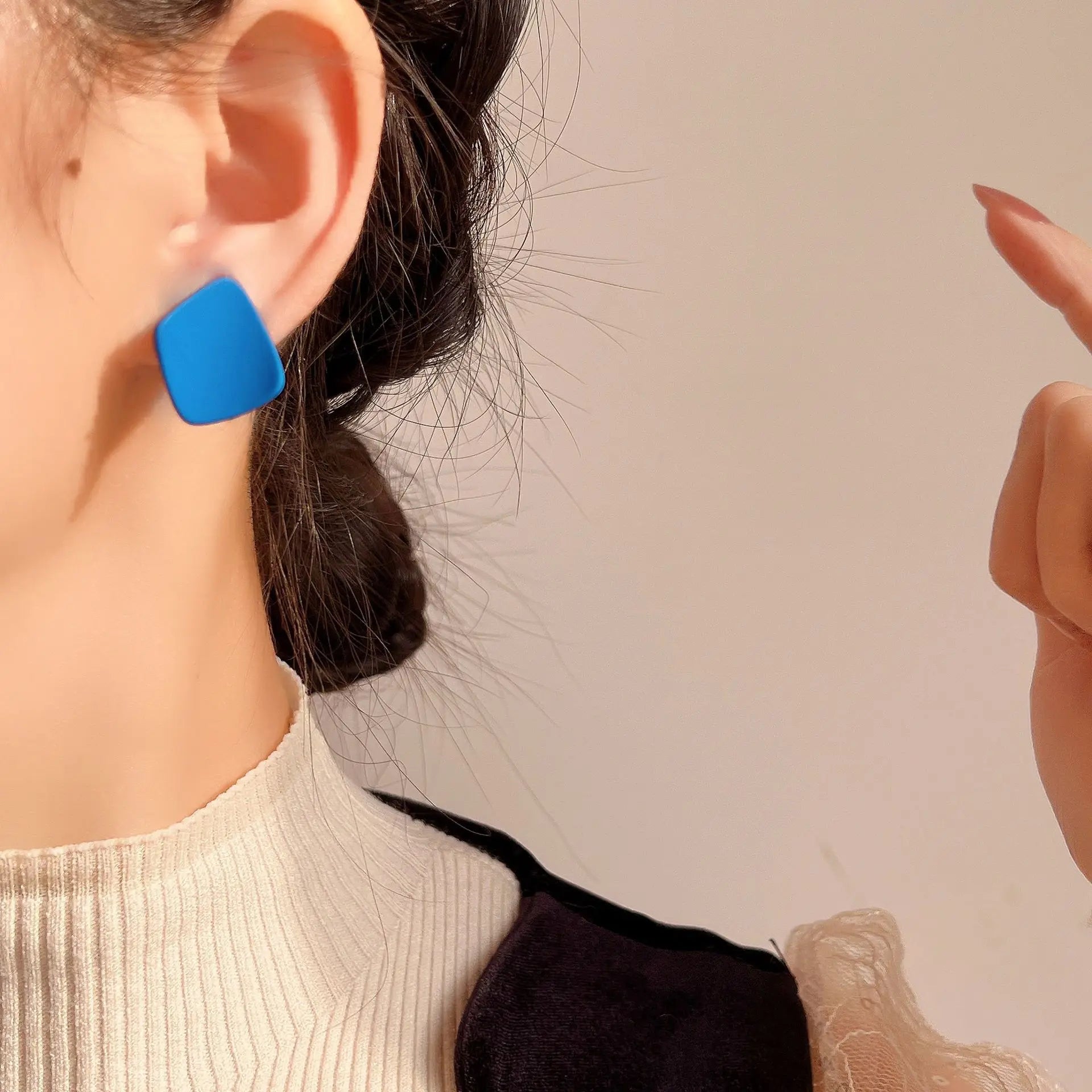 Klein Blue Rounded Square Enamel Alloy Stud & Clip On No Piercing Minimalist Geometric Earrings