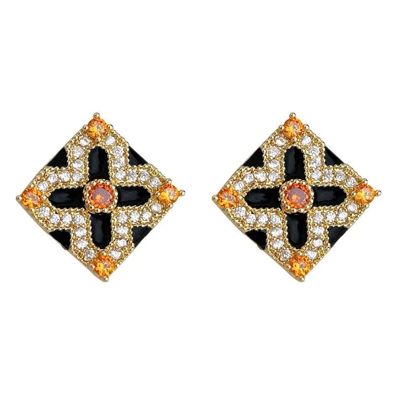 Copper Enamel Floral Geometric Micro Pave Zircon Stud Earrings For Women