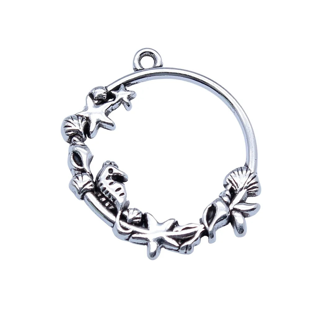 29x30mm 1.6g Antique Silver Zinc Alloy Shell Conch Starfish Seahorse Ring Charm Pendant for DIY Jewelry Making