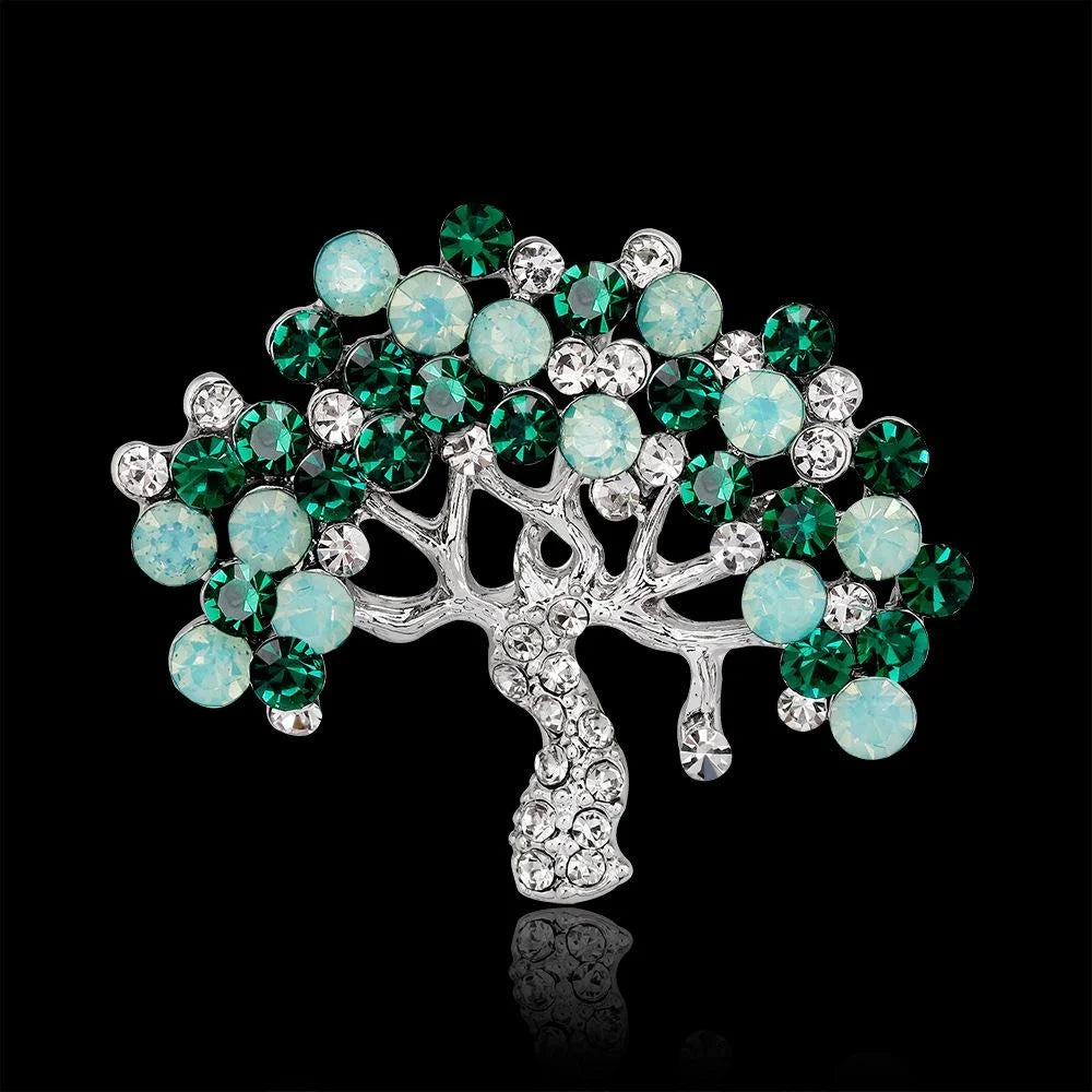 Elegant Alloy Crystal Rhinestone Tree Brooch With Green Cat Eye Stones, Women's Lapel Pin Suit Accessory