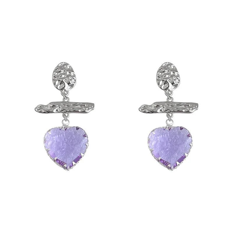 Light Luxury Purple Glass Crystal Heart Tassel Drop Earrings For Women Copper Geometric Jewelry