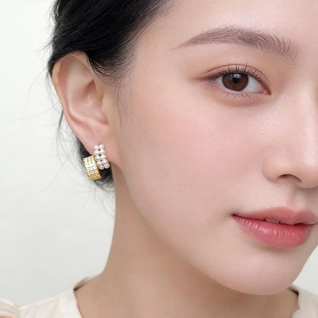 14K Gold Plated Copper Geometric Square Pearl Zircon Stud Earrings For Women Light Luxury
