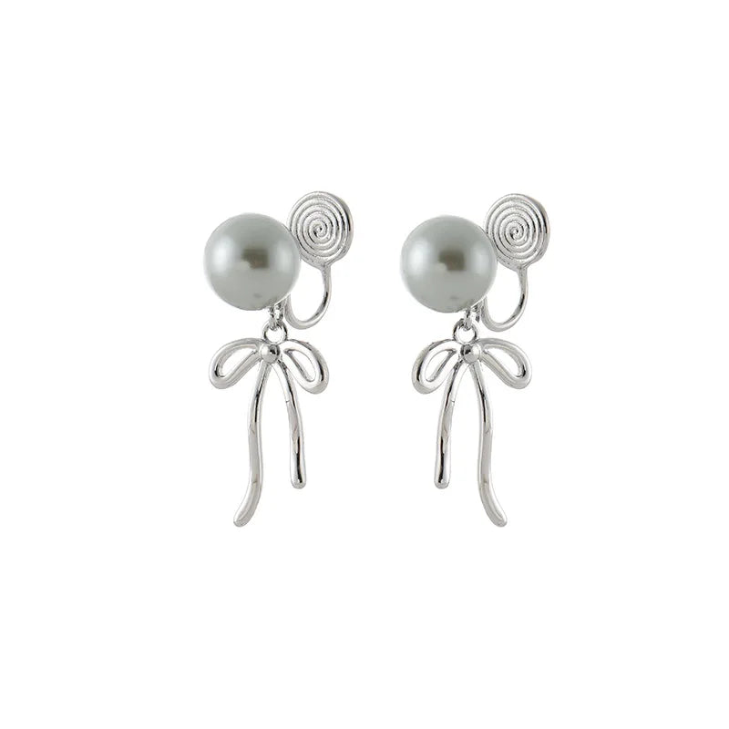 Elegant Sweet Pearl Bowknot Long Tassel Alloy Spiral Disc Stud & Clip On No Piercing Earrings