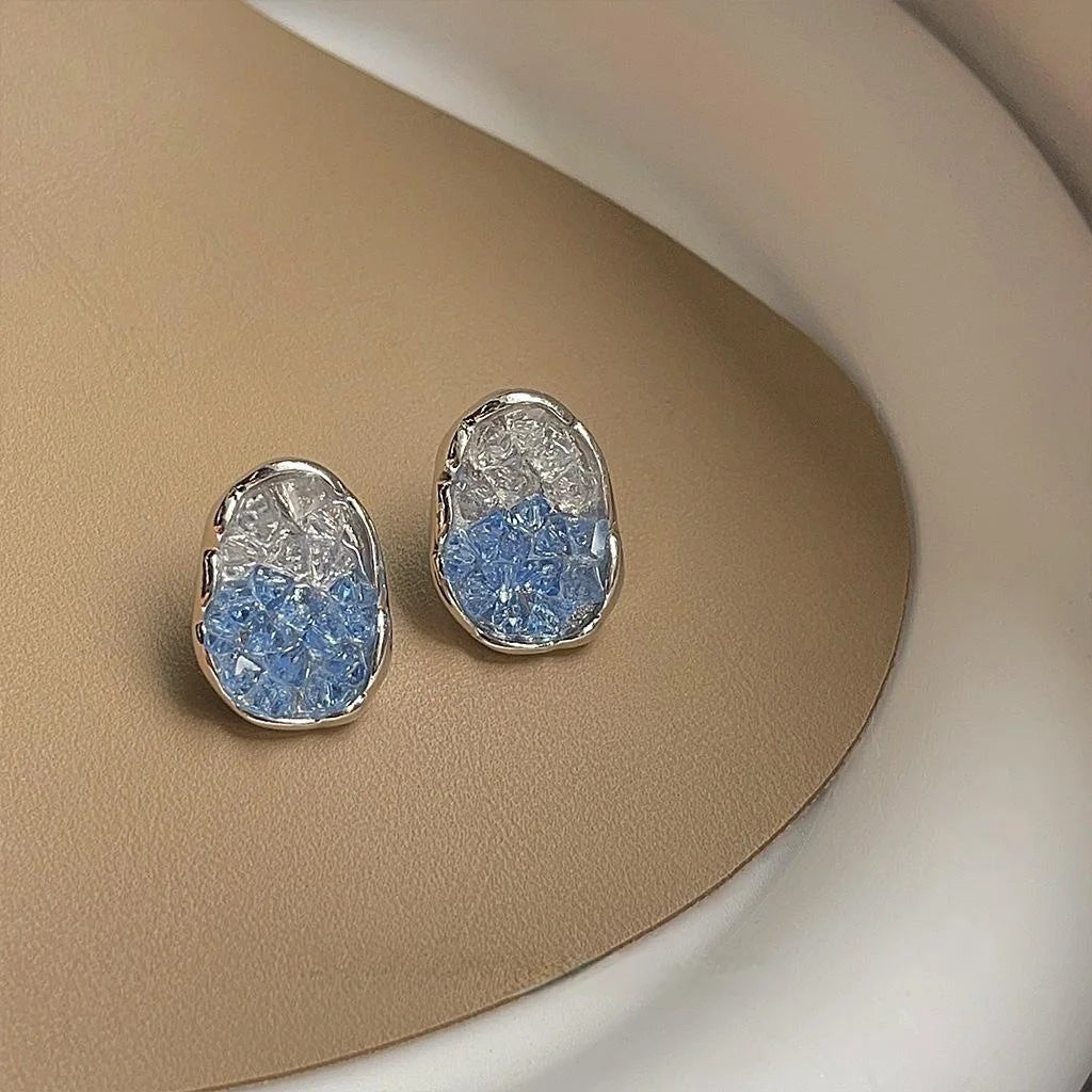 Glacier Blue Glass Crystal Gradient Silver Plated Oval Geometric Luxury Stud Earrings