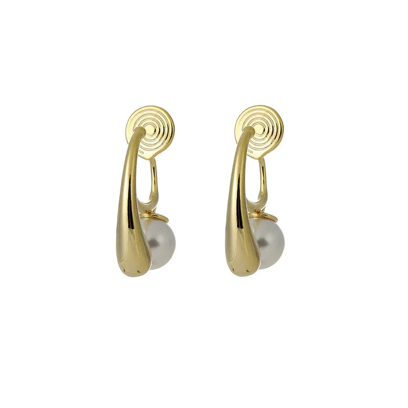 Elegant Gold Alloy Teardrop Hoop Pearl Stud & Clip On No Piercing Spiral Disc Women's Earrings