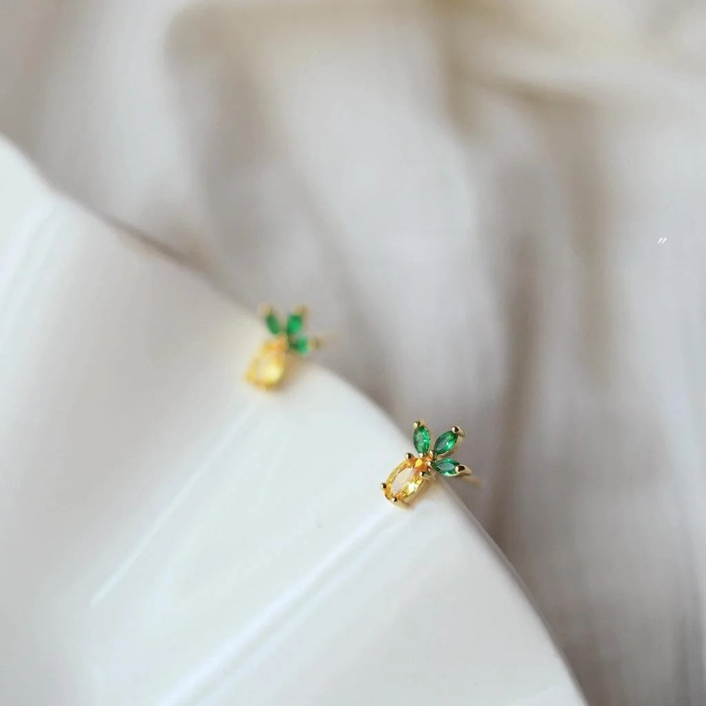 Fresh Sweet Copper Micro Pave Zircon Pineapple Mini Stud Earrings Cute Fruit Jewelry