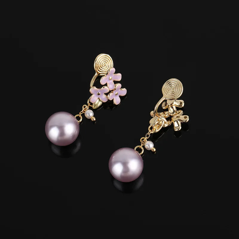 Elegant Purple Enamel Flower Spiral Pearl Drop Alloy Stud & Clip On No Piercing Fashion Earrings