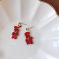 Red Enamel Chinese Character Stud Earrings Silver Plated Pin Trendy Festive Metal Jewelry