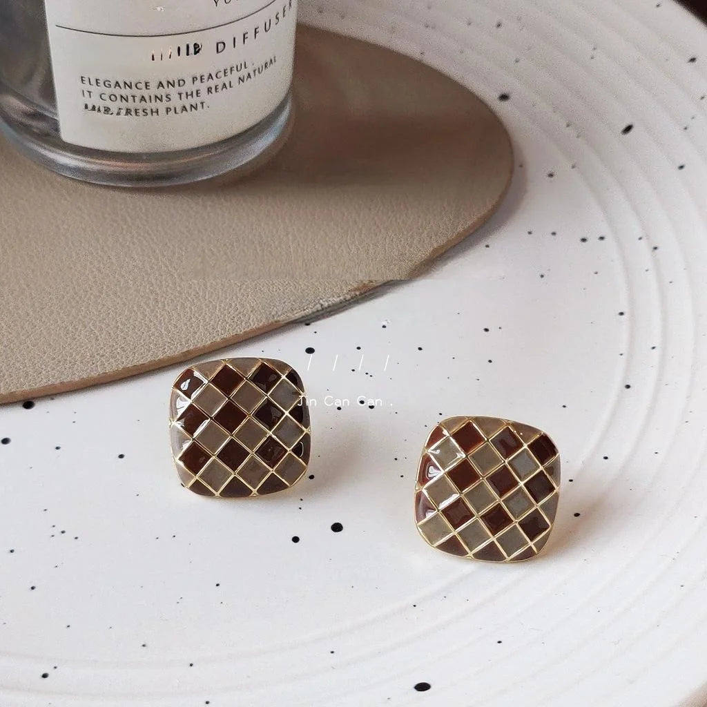 Maillard Colorblock Plaid Geometric Copper Stud Earrings French Retro Square Enamel Style