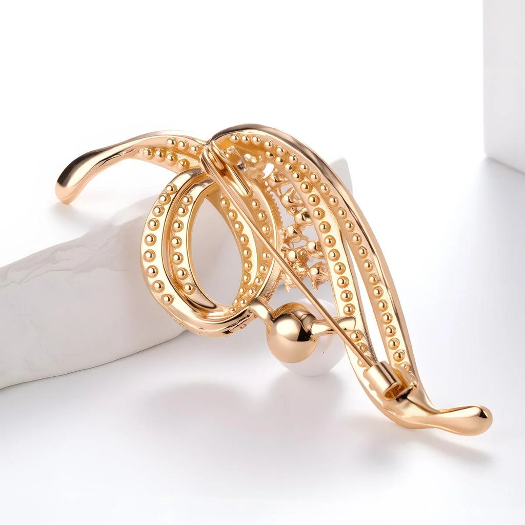 Luxury Rose Gold Swirl Brooch With Rhinestone And Pearl, Elegant Lapel Pin Corsage Suit Accessory