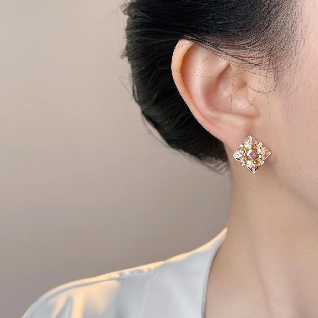 Copper Micro Pave Zircon Painted Geometric Floral Chic Stud Earrings