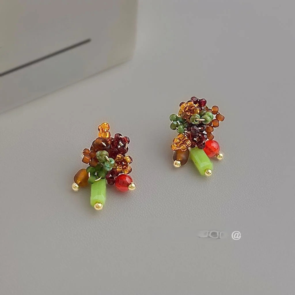 Boho Ethnic Floral Geometric Red Agate Glass Crystal Seed Bead Handwoven Drop Earrings