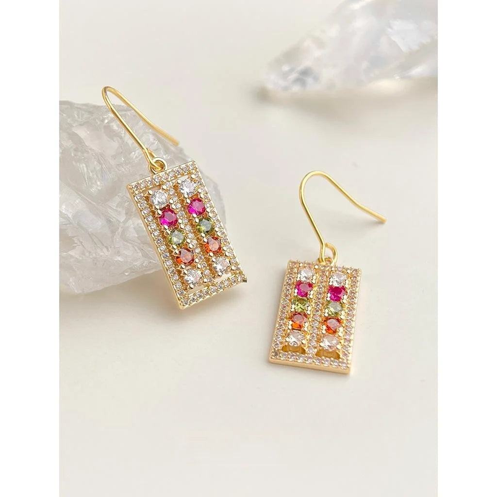 Light Luxury Geometric Micro Pave Zircon Color Stone Copper Drop Earrings for Women