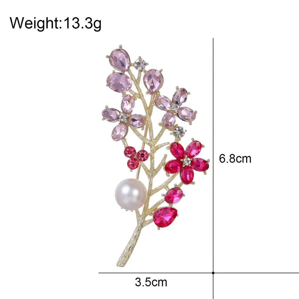 Elegant Colorful Flower Branch Brooch With Pearl Rhinestone Alloy Leaves, Women's Lapel Pin Corsage Gift