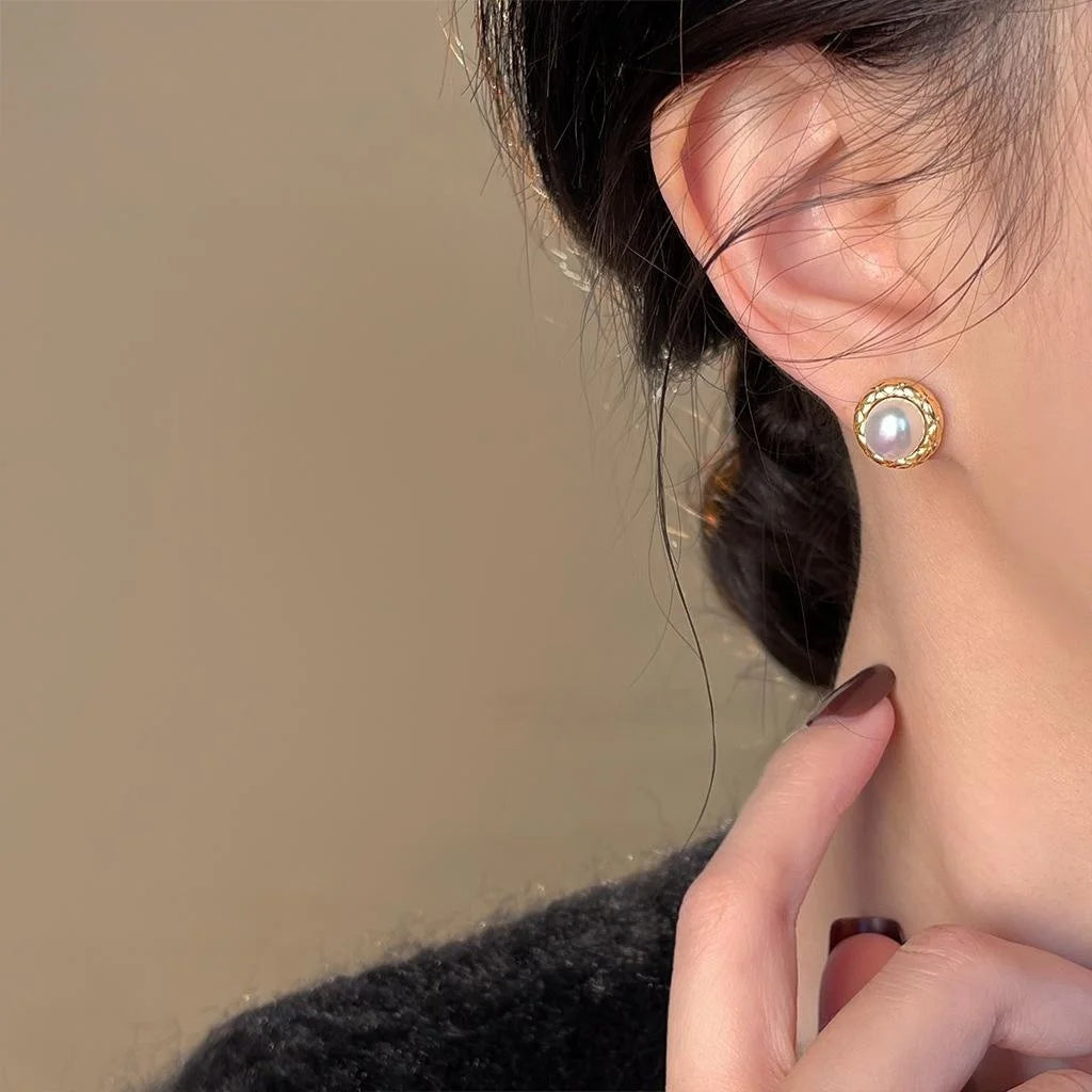 14K Plated Copper Freshwater Pearl Stud Earrings Round Geometric Minimalist Luxury Jewelry