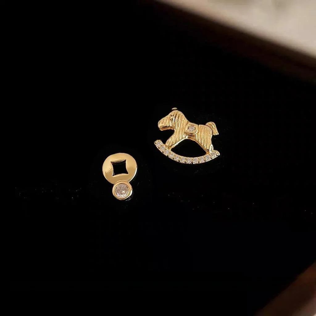 14K Plated Copper Asymmetric AB Micro Pave Zircon Circle Ring Stud Earrings