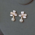 Sweet Elegant Floral Drop Earrings With Micro Pave Zircon And Hand Painted Glass Pearl Flowers